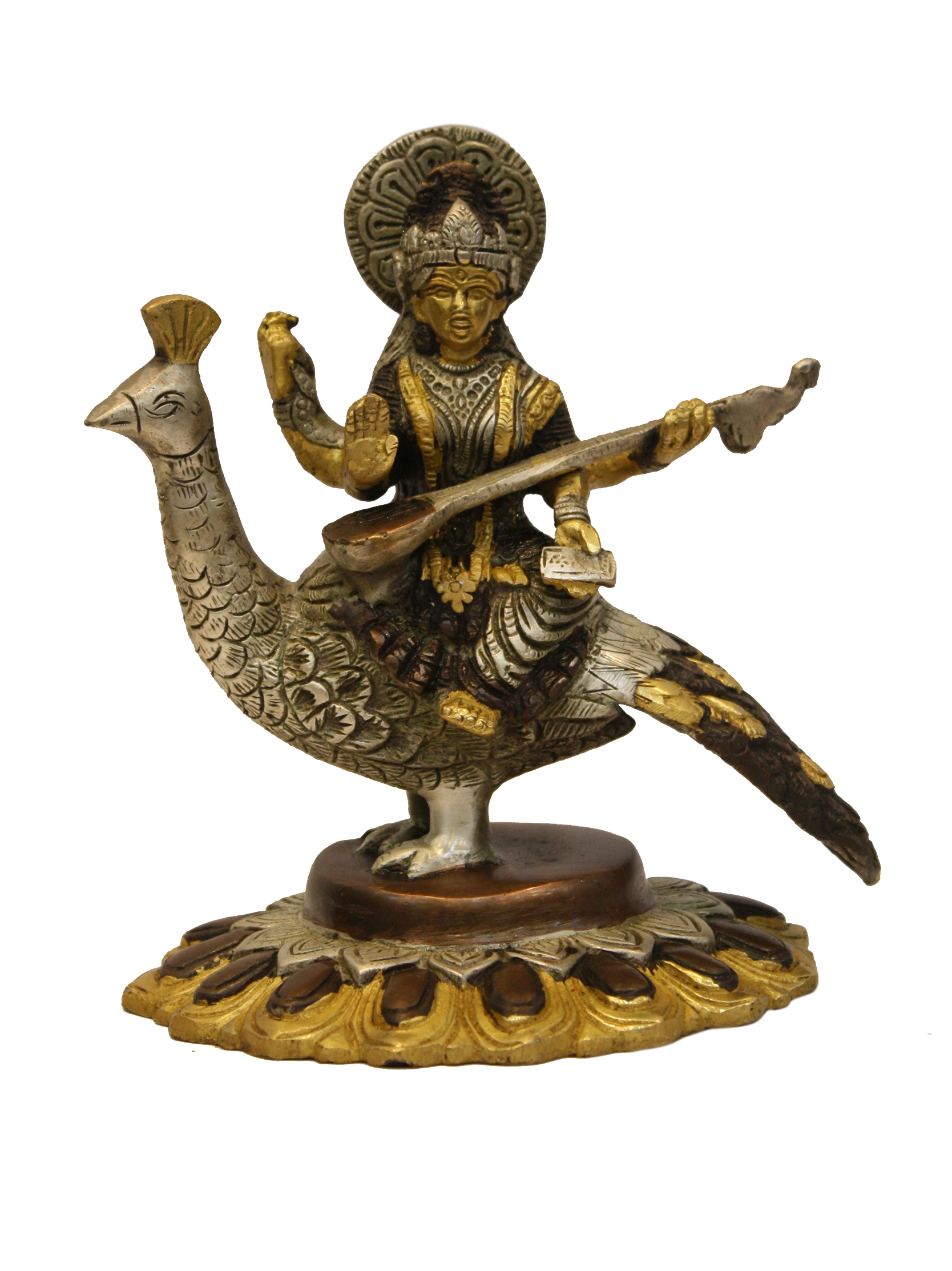 Gooddess Saraswati Seated on Peacock | Brass Statue | Handmade | Made in India | - DI592